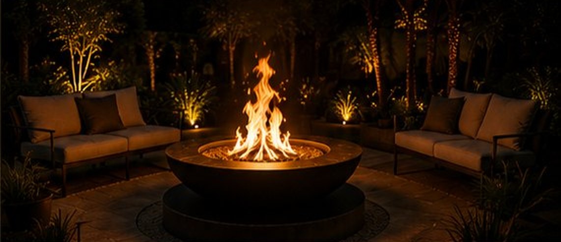 Brasero allumé au centre d'un salon de jardin, de nuit