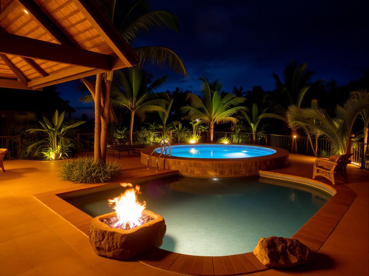 Brasero au gaz allumé au bord d'une piscine à débordement, terrasse de nuit