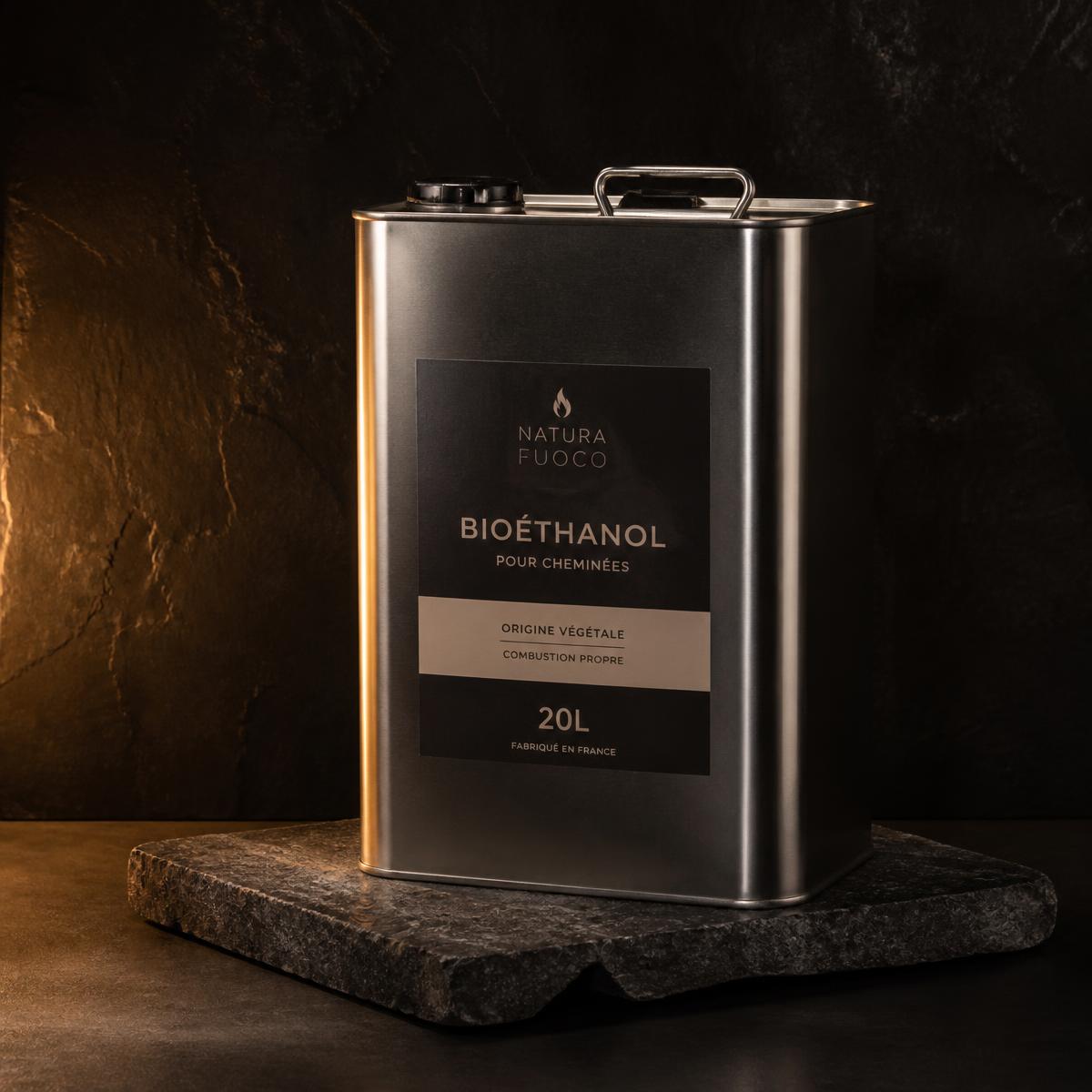 Bidon de bioéthanol Terraflam de 20 litres posé sur une dalle de basalte, éclairage chaud